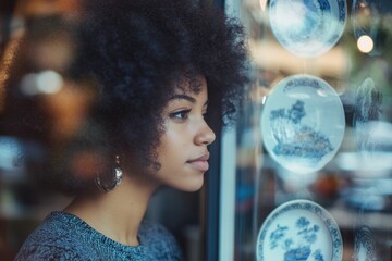 Fototapeta premium Woman gazing out window at dinnerware