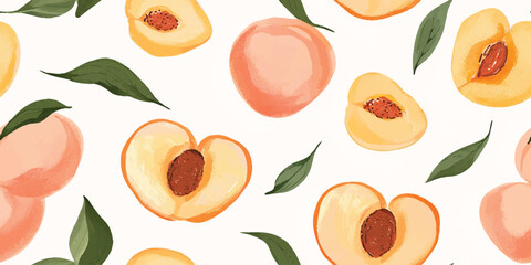 A seamless pattern of juicy peaches and leaves on a white background for design projects menus and product packaging