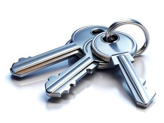 Three silver house keys on a silver keyring, isolated on a clean white background.