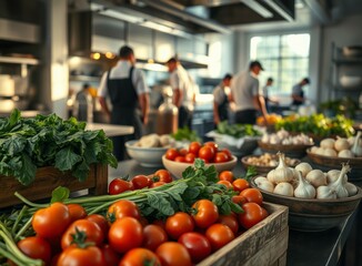 Vibrant Restaurant Kitchen Scene with Chefs and Fresh Vegetables in Preparation