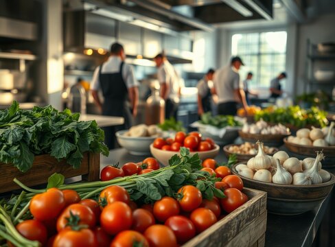Vibrant Restaurant Kitchen Scene with Chefs and Fresh Vegetables in Preparation