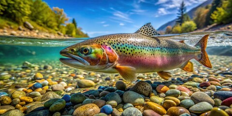Fototapeta premium Underwater magic: a vibrant rainbow trout glides through a fantastical, pebble-filled stream.
