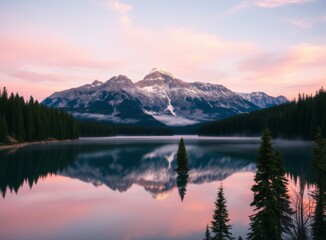 Reflection of Mountains and Sky on Lake, Sunset Landscape Photography
