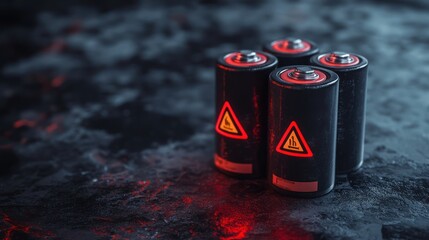 Four warning-labeled batteries on dark surface, red glow