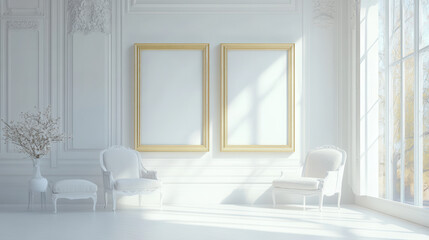 Fototapeta premium Minimalist modern building interior with blank picture frames and chairs