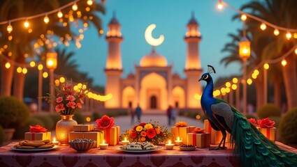 A joyful Eid scene with a decorated mosque, glowing crescent moon, colorful gifts and desserts, and a peacock, creating a festive atmosphere of warmth and cheer.