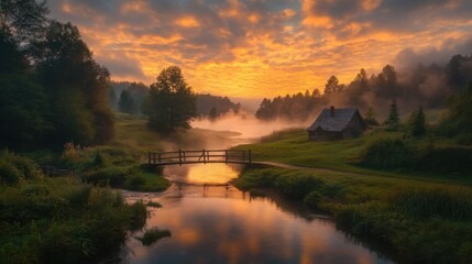 Obraz premium Misty Sunrise over River and Rustic Cabin