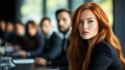 Stunning, independent, professional redheaded White woman in a suit during a business meeting in a stylish modern corporate office with a competent team of coworkers lined up in the background