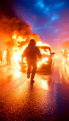 Firefighter running from burning car, riot background, emergency