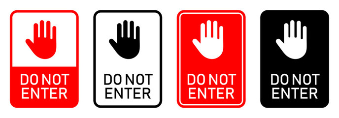 Do not enter forbidden sign symbol. Set of stop red sign icon with hand, do not enter. Red traffic car and Baik stop hand signal. Warning stop symbol. Vector illustration.