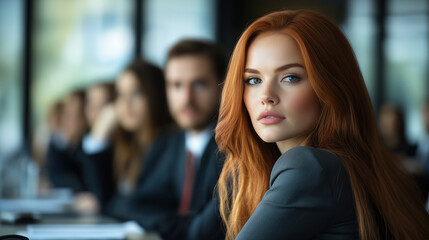 Inspirational redheaded professional woman in a sleek suit, commanding attention during a corporate meeting in a contemporary office with her team in the background