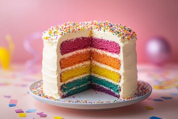 Rainbow cake with colorful sprinkles on pink background celebrating a birthday
