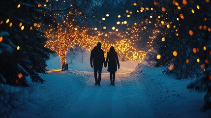 Obraz premium COUPLE WALKING DOWN SNOWY PATH