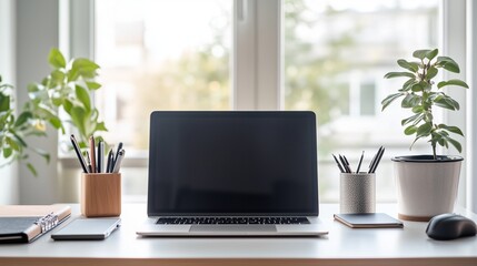 Fototapeta premium Remote work setup with a clean minimalist desk, a sleek laptop, wireless accessories, and a cozy home office ambiance