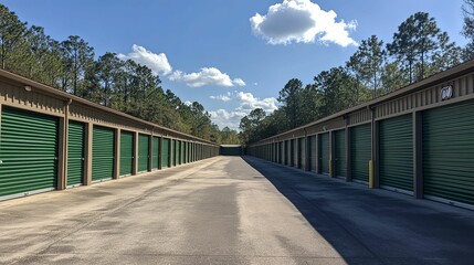 Rows of Green Storage Units Under a Blue Sky