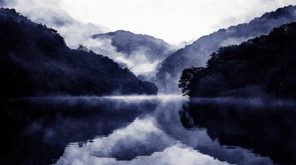 Obraz premium Misty Mountain Lake: A Serene Watercolor Landscape