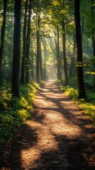 Obraz premium Sunbeams illuminating path through forest in early morning
