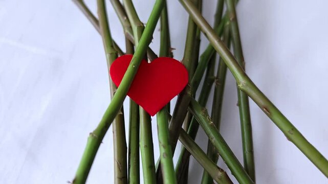 The red heart is among the rose stalks. Abusive or codependent relationships concept. Toxic relations. Abuse.