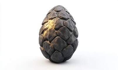 Fototapeta premium A textured, cracked stone egg with glowing seams, set against a plain white background