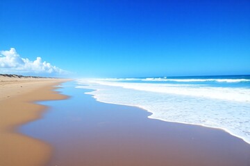 Fototapeta premium Beach clear blue sky white waves dark brown sand scattered clouds