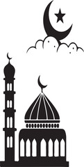 Black and white silhouette of a mosque with a crescent moon. Vector illustration