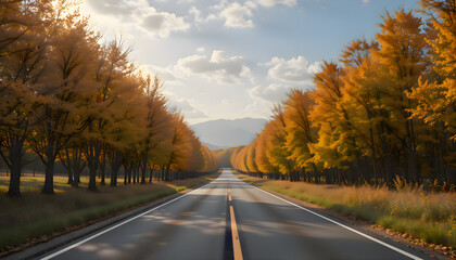 Fototapeta premium Scenic autumn road with golden trees and mountains. 