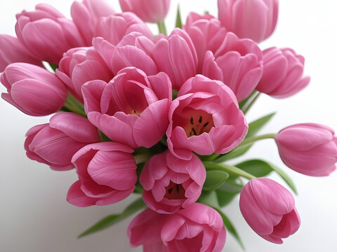Beautiful pink tulips creating a diagonal composition on a pristine white backdrop, offering ample space for text or design elements