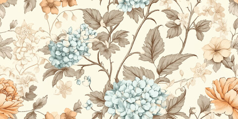 Vintage floral seamless pattern with delicate watercolor flowers and leaves on ivory blue color background, hand drawn illustration for textile or wallpapers, nostalgic pattern © Eli Berr