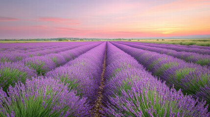 Obraz premium A serene lavender field stretches under a colorful sunset, showcasing rows of vibrant purple blooms against a peaceful sky.