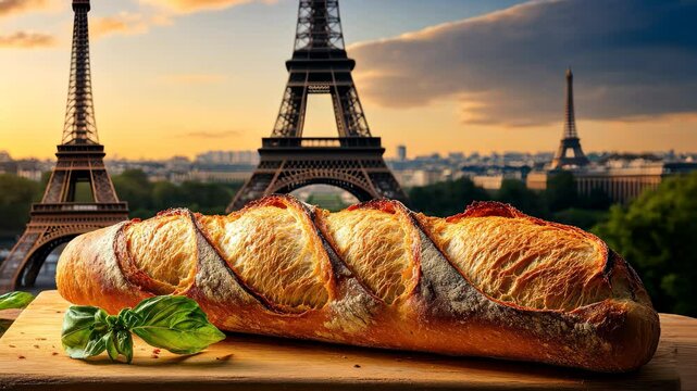 Freshly baked baguette resting on wooden board with Eiffel Tower backdrop at sunset, Freshly baked baguette with crusty texture on wooden board near iconic landmarks