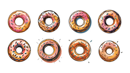 Icons sets collection of colorful donuts with various icing and sprinkles, arranged in two rows of four, each with unique designs, making the image visually appealing and interesting