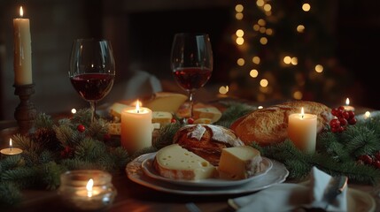 Fototapeta premium Table with plate of food and candles