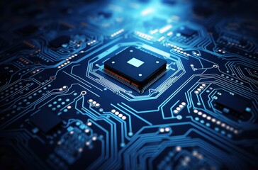 Close-up of a computer chip on a motherboard, highlighting technology and data transfer in a blue background