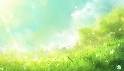 Obraz premium Lush spring landscape featuring flowers and green grass, for peaceful nature backgrounds