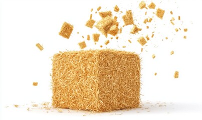A vibrant hay bale being scattered with straw pieces in a bright, clean setting