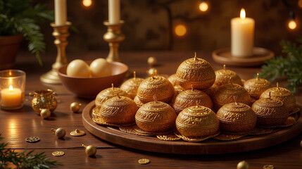 Naklejka premium Traditional Woven Ketupat on Elegant Wooden Table with Golden Ornaments and Candlelight - Ramadan Kareem