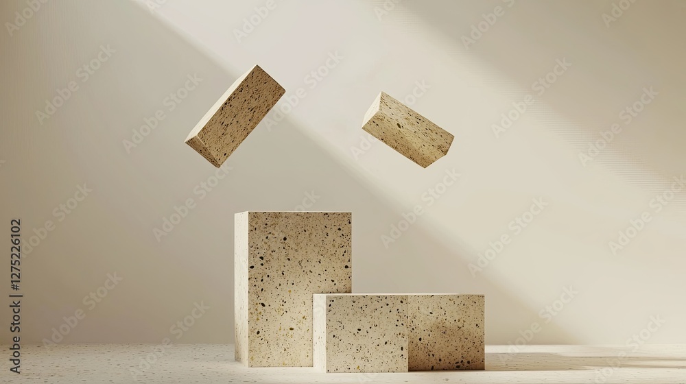 Poster floating abstract blocks in minimalist studio with soft lighting