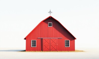 A vibrant red barn stands alone against a clear sky, symbolizing rural tranquility and agriculture