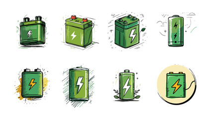 Icons sets collection of green battery icons with lightning bolt symbols, illustrating various charge states and types, sketched in a colorful, artistic style