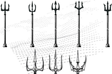 Silhouettes of trident. Design element for label, sign, emblem, poster. Neptune trident symbols in editable vector format. EPS 10.