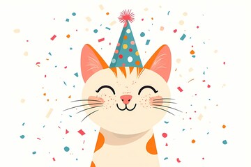 cat wearing a birthday party hat, with confetti. cute flat illustration. birthday card, greeting card.