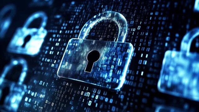 Digital security concept with glowing padlocks and binary code