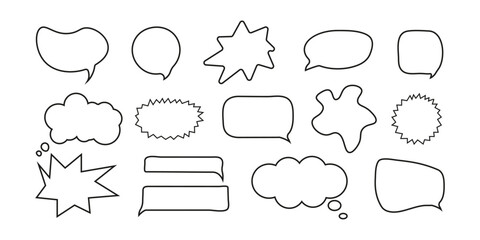 Fototapeta premium Doodle Speech Bubble Set Different Shape on White Background. Hand Drawn Chat Balloon. Cute Frame speech bubble Collection. Blocks for Text Box. Dialogue Vector Set in Style Minimalism. 