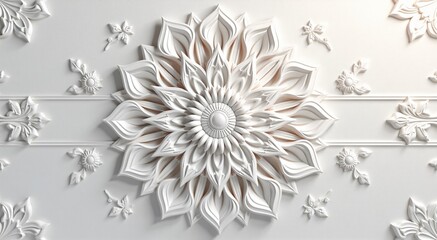 Diwali Mandala Design: Ornate white 3D floral for serene backgrounds, invitations, banners. Copy space for text. Ideal for meditation, elegant themes.