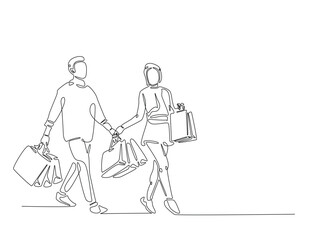 Man and Pretty woman holding shopping line art drawing vector illustration. Continuous line art drawing of happy shopping concept. Editable stroke.
