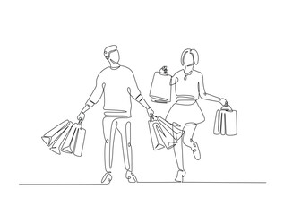 Man and Pretty woman holding shopping line art drawing vector illustration. Continuous line art drawing of happy shopping concept. Editable stroke.