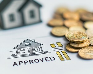 real estate investment checklist document house concept. Image of an approved mortgage application with a house illustration and coins, symbolizing financial success in real estate.