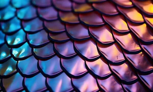 Iridescent scales texture closeup, vibrant colors, studio shot, background blurred