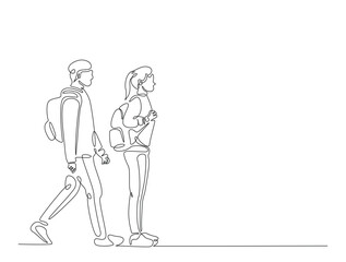 Continuous line art drawing of young man and woman from college or university with backpack. Students walking with schoolbag line art drawing vector illustration. Editable stroke.