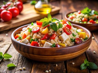 Capture stunning visuals with this bulgur salad: goat cheese and colorful vegetables create a delicious architectural composition.